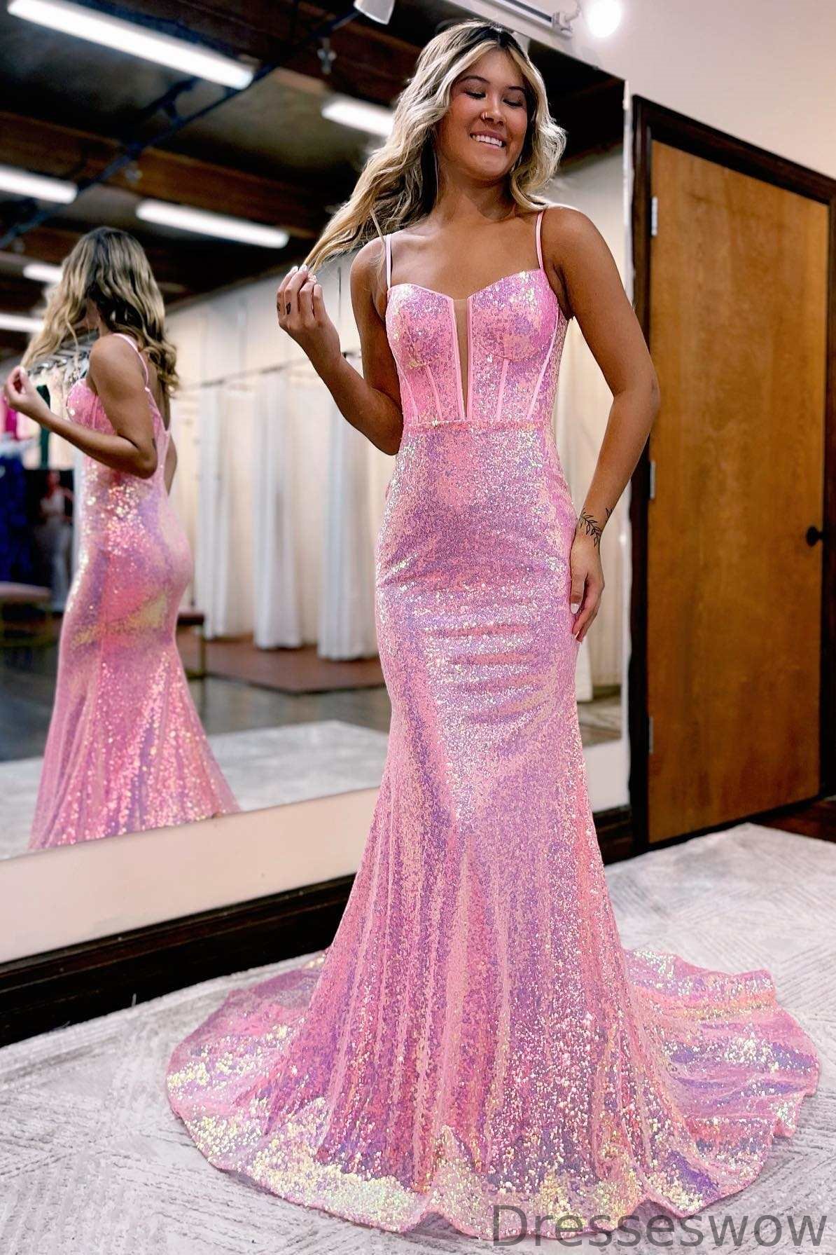 Dresseswow Spaghetti-Straps Sleeveless Mermaid Prom Dress With Sequins