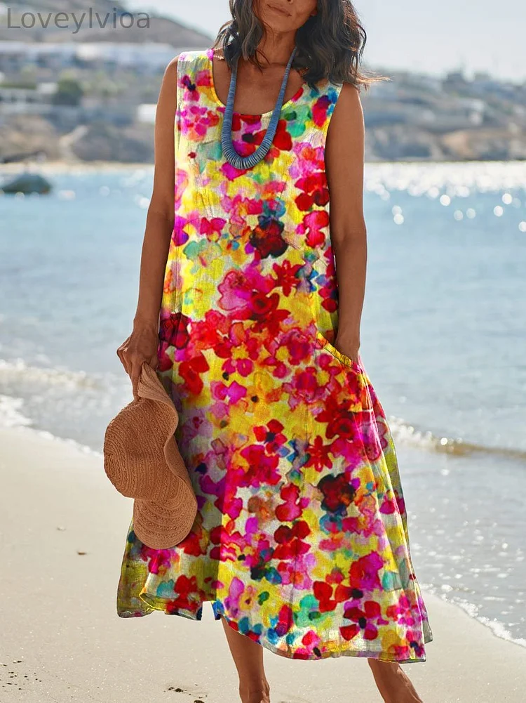 Womens Colorful Flower Pocket Pinafore Linen Dress