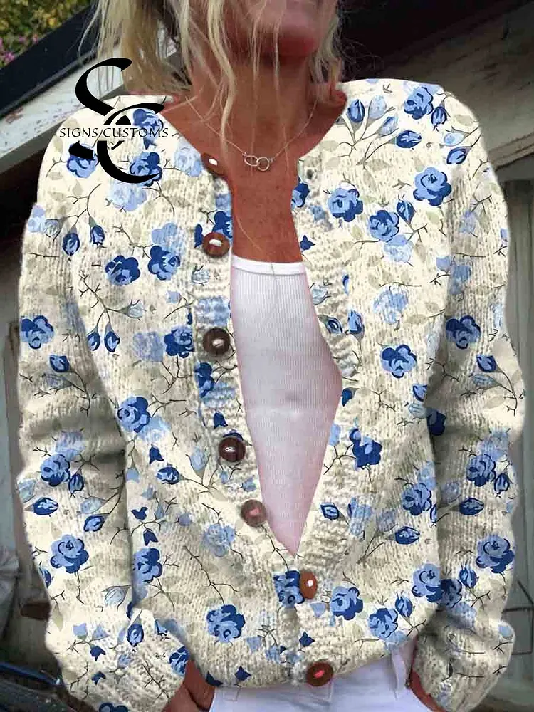 Women's Blue Art Roses Print Buttoned Cardigan Sweater