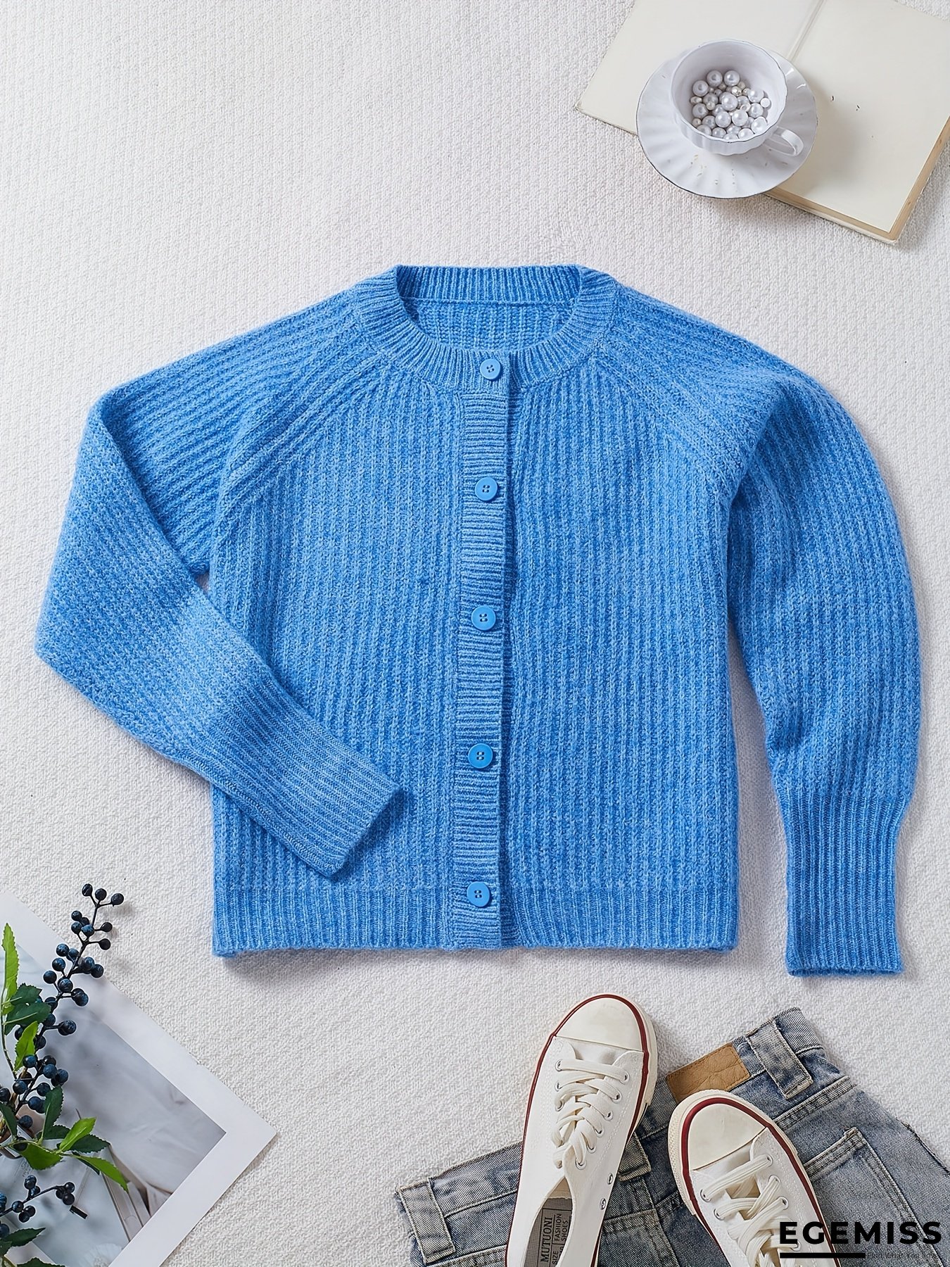 Stylish Blue Buttoned Cardigan Women's Top, Fashionable Soft Long-Sleeved Ladies' Sweater, Warm Autumn-Winter Clothing for Daily Casual Commuting, High-Quality Fabric Construction | EGEMISS