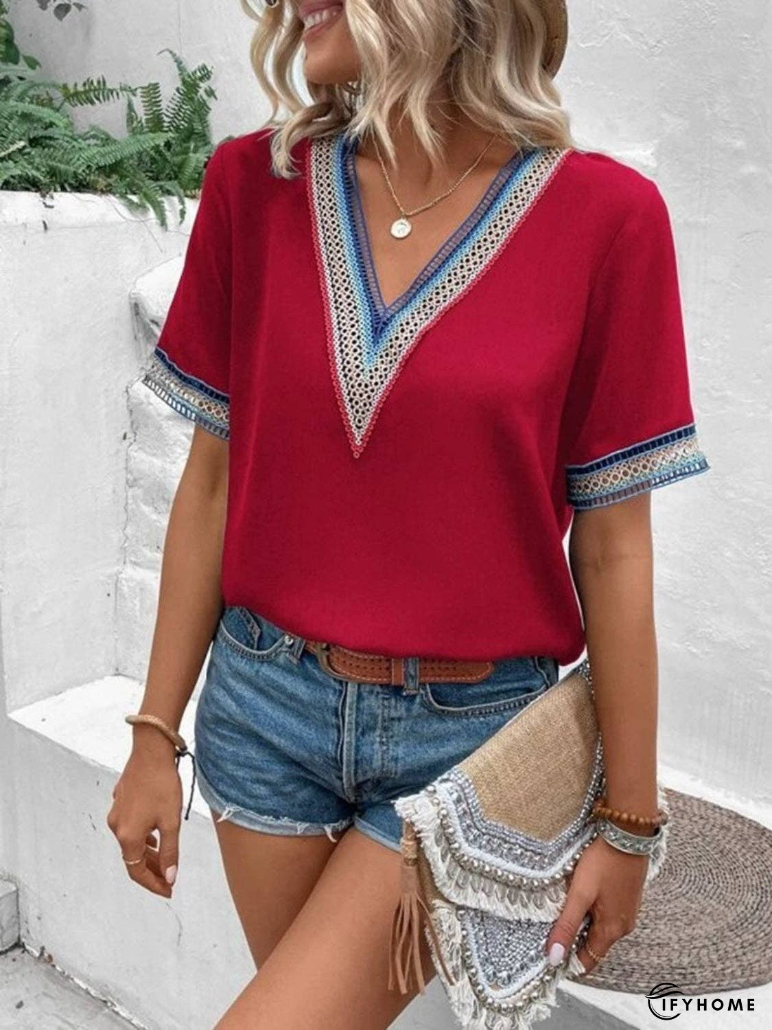 Full Size V-Neck Short Sleeve Blouse | IFYHOME