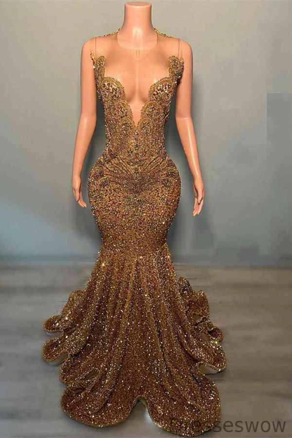 Dresseswow Brown Sleeveless Mermaid Sequins Prom Dress Long Scoop