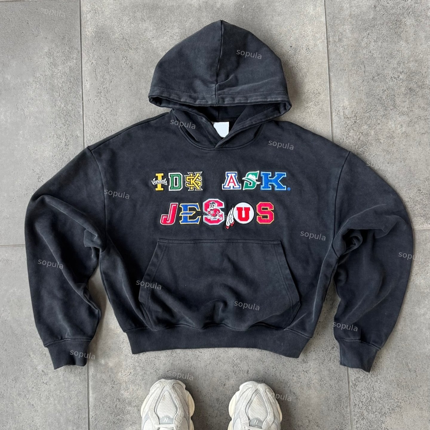 Vintage Idk Ask Jesus College Embroidery Logos Acid Washed Oversized College Hoodie