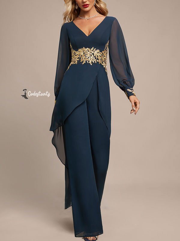 Jumpsuit/Pantsuit Separates V-Neck Floor-Length Chiffon Evening Dress With Appliques Lace