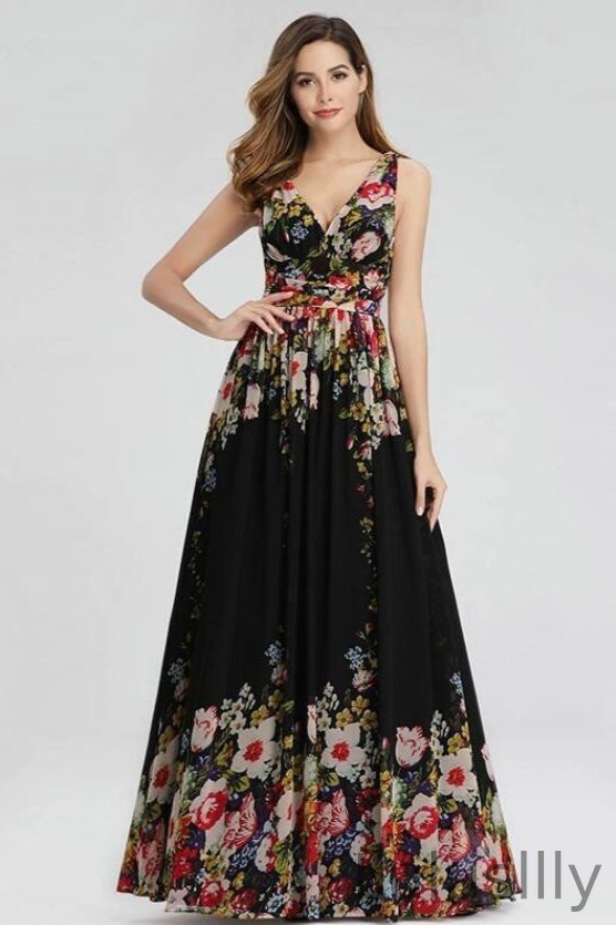 Elegant Print V-Neck Long Prom Dress Sleeveless Evening Gowns - lulusllly
