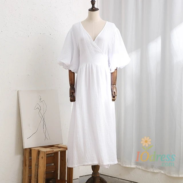 IO Dress Causal 100% Cotton Women's Dress Vintage Crepe Gauze V-Neck Puff Sleeve Bandage Lace Up Elegant White Dresses Long Maxi Robe