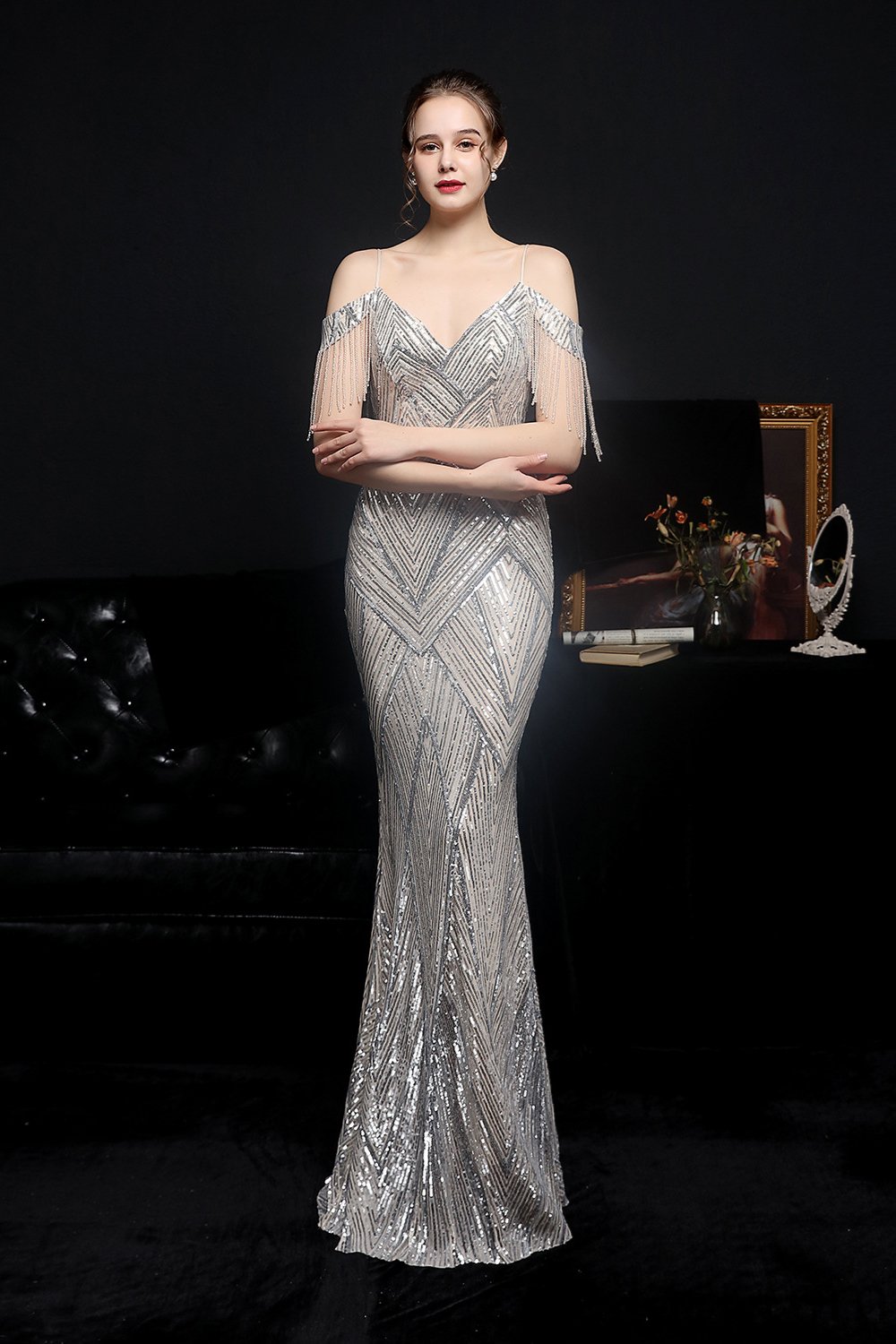 Bellasprom Spaghetti-Straps Sequins Evening Dress Mermaid V-Neck Long With Tassels Bellasprom
