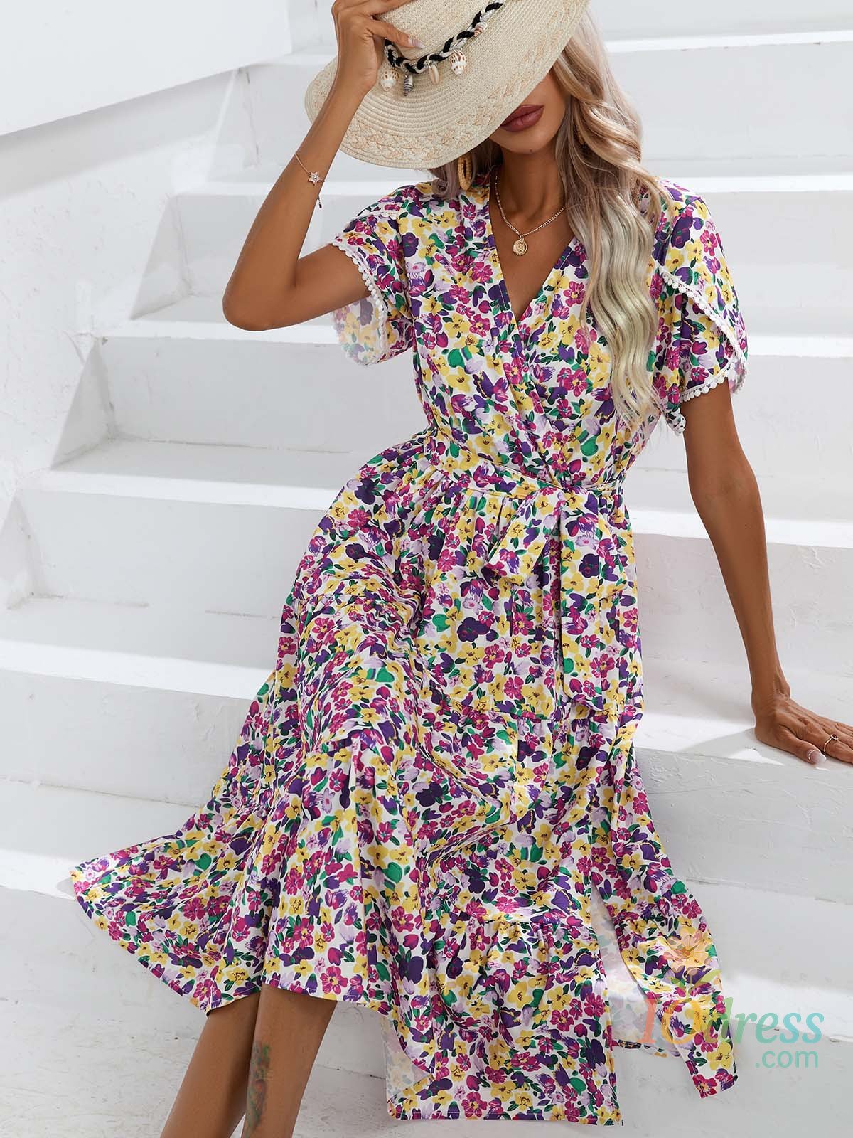 IO Dress Women's Retro Floral Lace-up Short Sleeves Dresses 2025 Summer New Casual Vacation Ladies Lace V-neck Slit A-line Midi Dress IO Dress