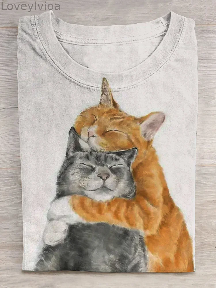 Unisex Cute Cat Art Print Casual T-shirt