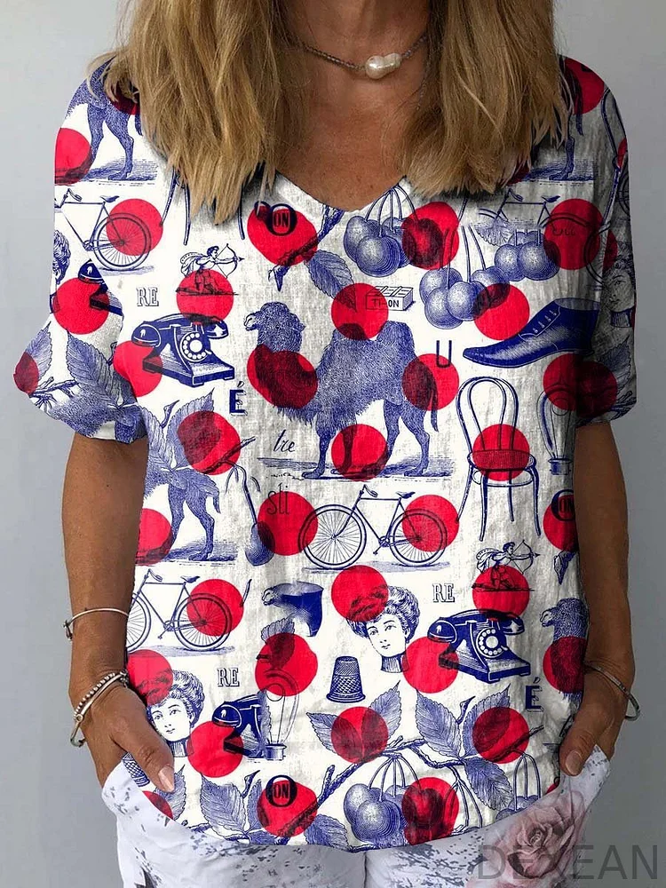 Women's Red Polka Dot Print Casual Cotton And Linen Shirt