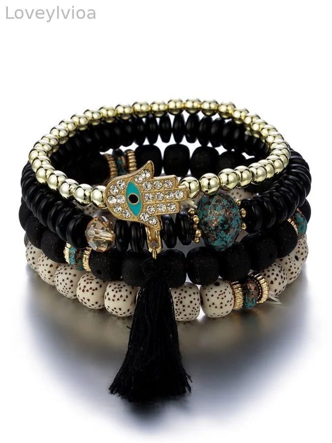 Women's Bohemian Bergamot Turquoise fringed bead multi-layer Bracelet
