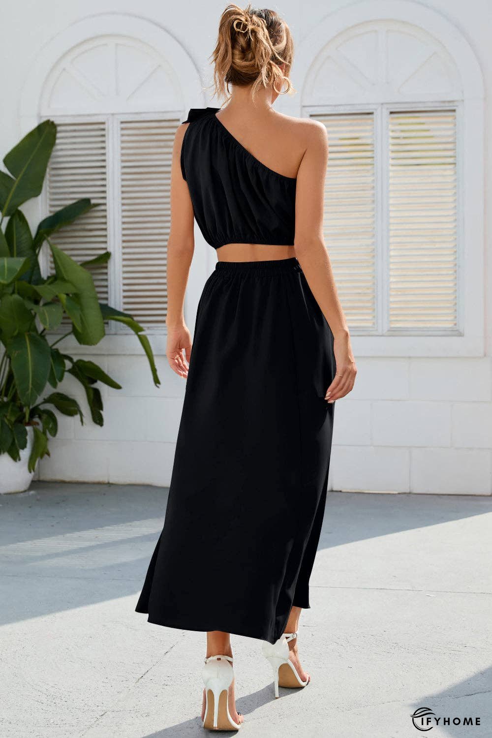 Ruched One Shoulder Top and Slit Skirt Set | IFYHOME