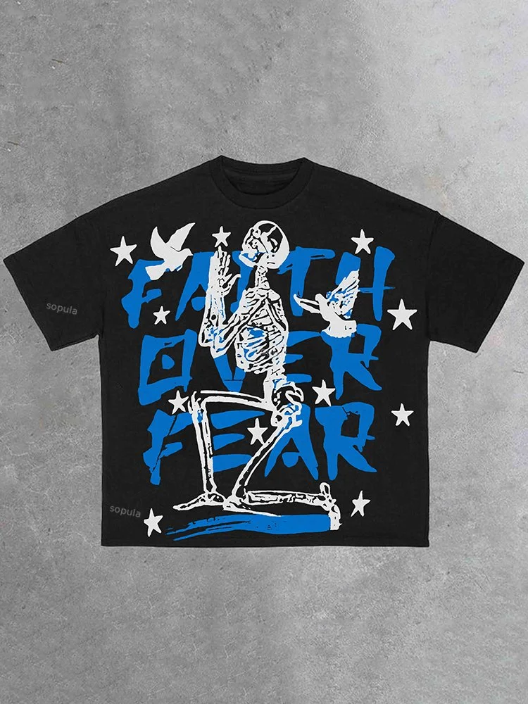Sopula Vintage Faith Over Fear In Blue Graphic Cotton T-Shirt