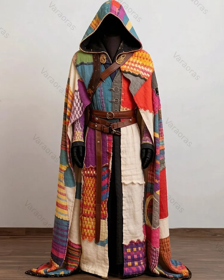 Men's Original Fashionable Comfortable Hippie Rainbow Color Print Embroidery Hand-stitched Cotton Linen Cape  2004