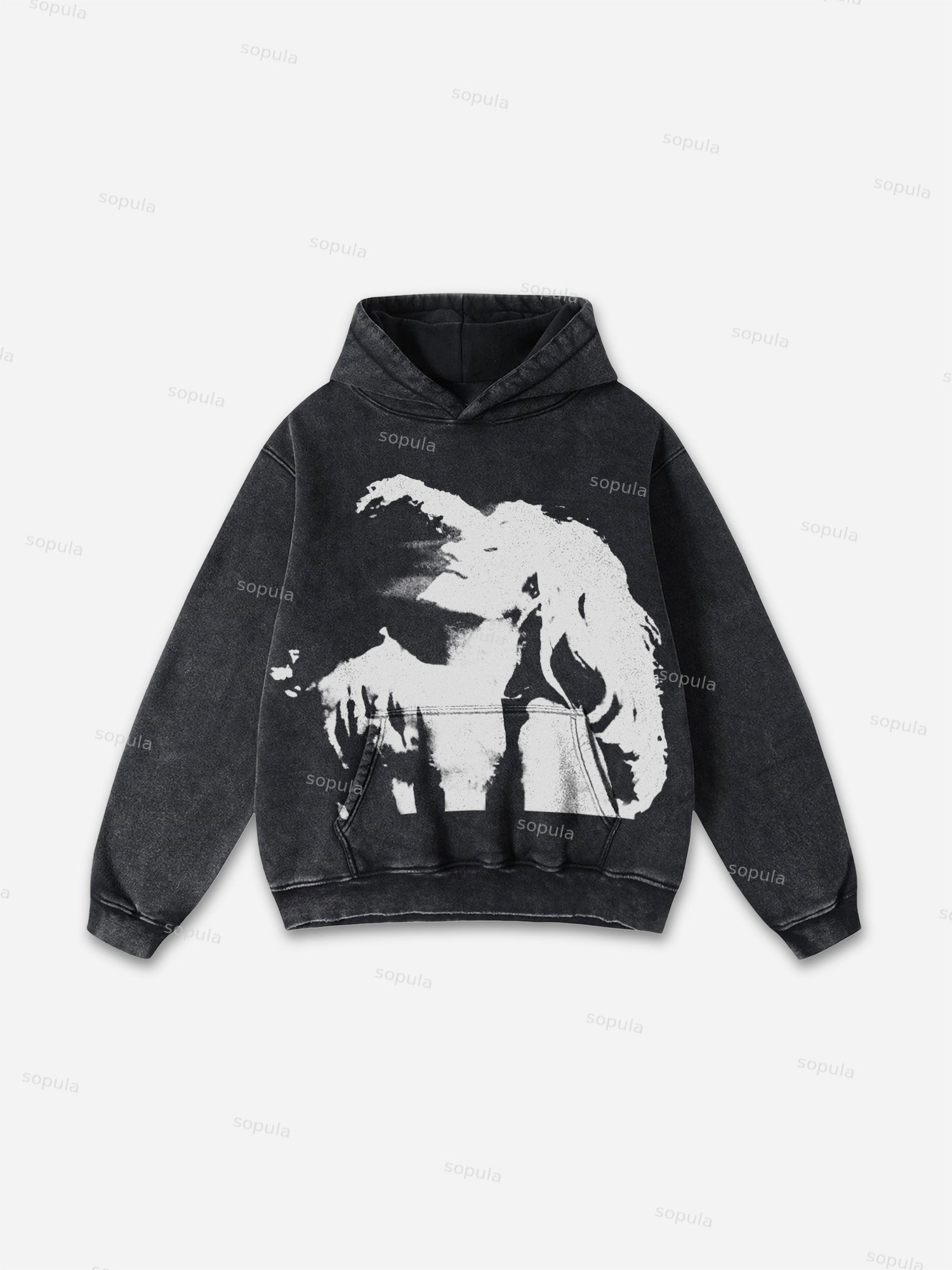 Oversized Vintage Embrace Lovers Graphic Black Acid Wash Pullover Hoodie
