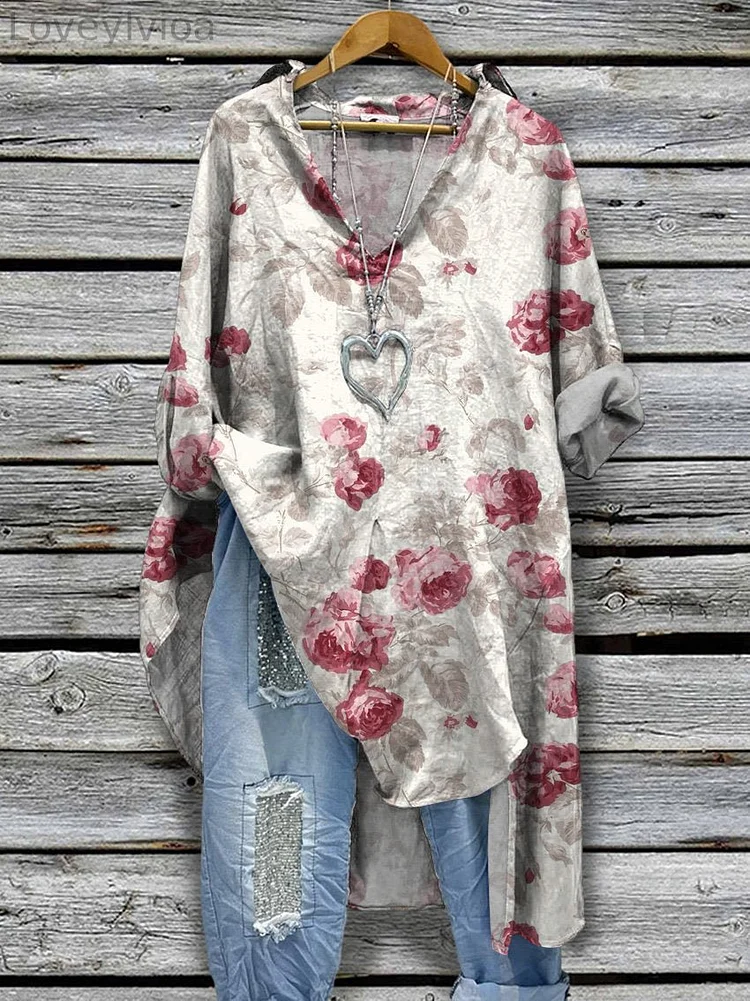 Women's Rose Garden Pattern Printed Casual Cotton And Linen Shirtdress