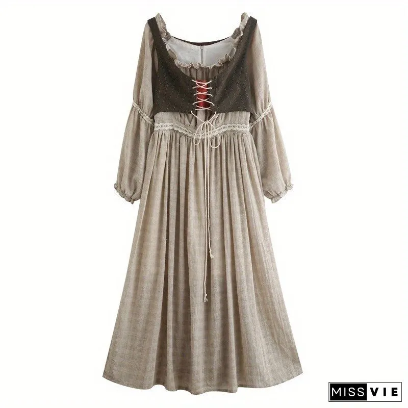 Womens Vintage French Forest Style Two-Piece Set With Headscarf Elegant Beige Dress