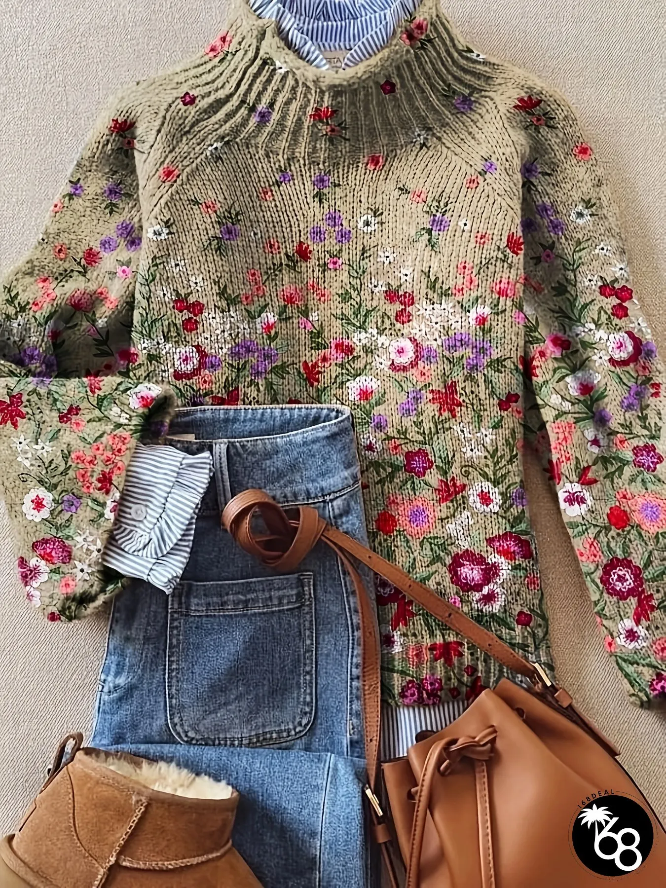 Lightweight Polyester Floral Sweater for Women-Elegant High-Neck printed long sleeve | 168DEAL