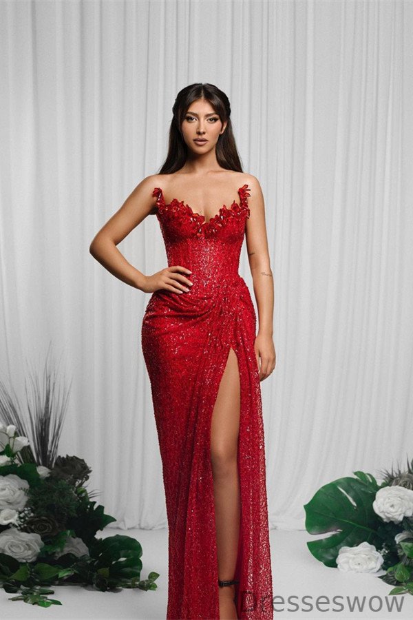 Dresseswow Red Sweetheart Evening Gowns Sequins Mermaid Long With Slit