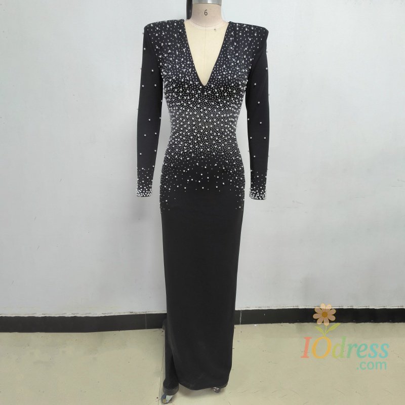 IO Dress AutumnNew women's V-neck nail bead longSleeved slim fit hip hugging long skirt high-quality socialiteBanquet party evening dress