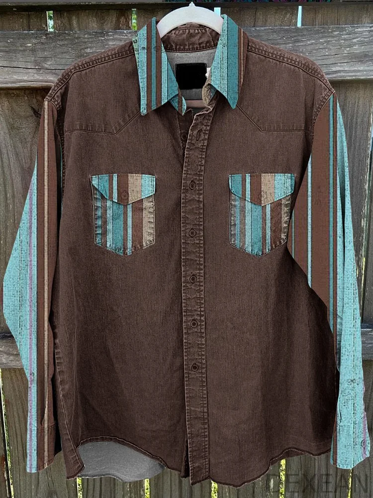 Men's Blue-brown Stripe Vintage Stripe Print Casual Shirt