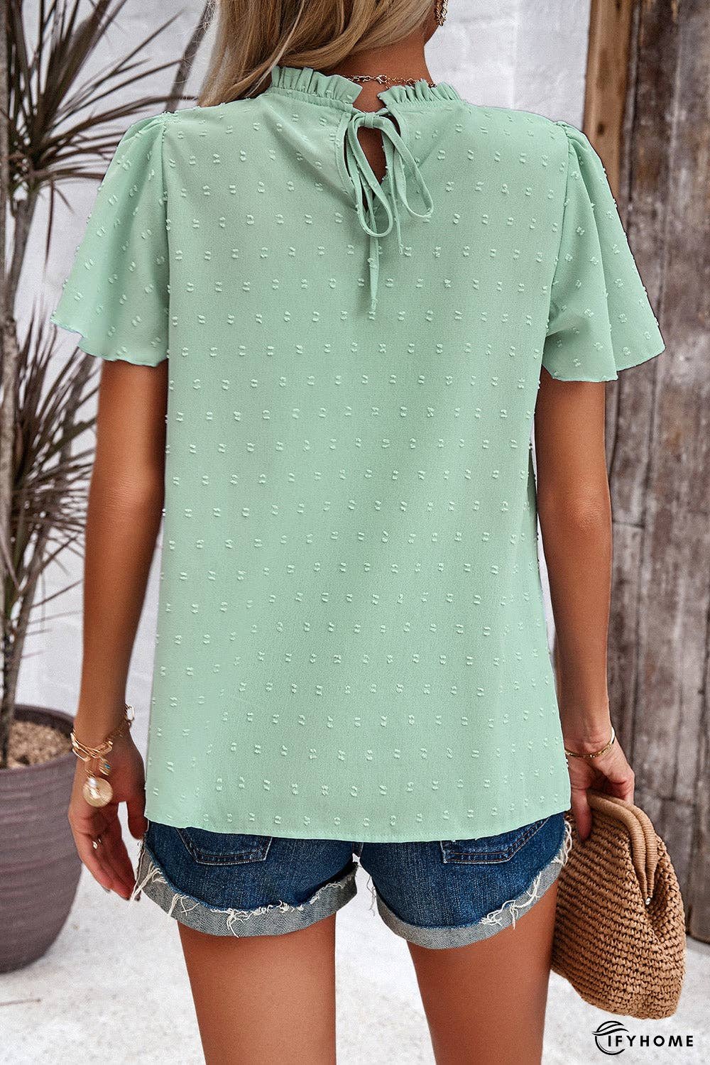 Swiss Dot Smocked Round Neck Short Sleeve Blouse | IFYHOME