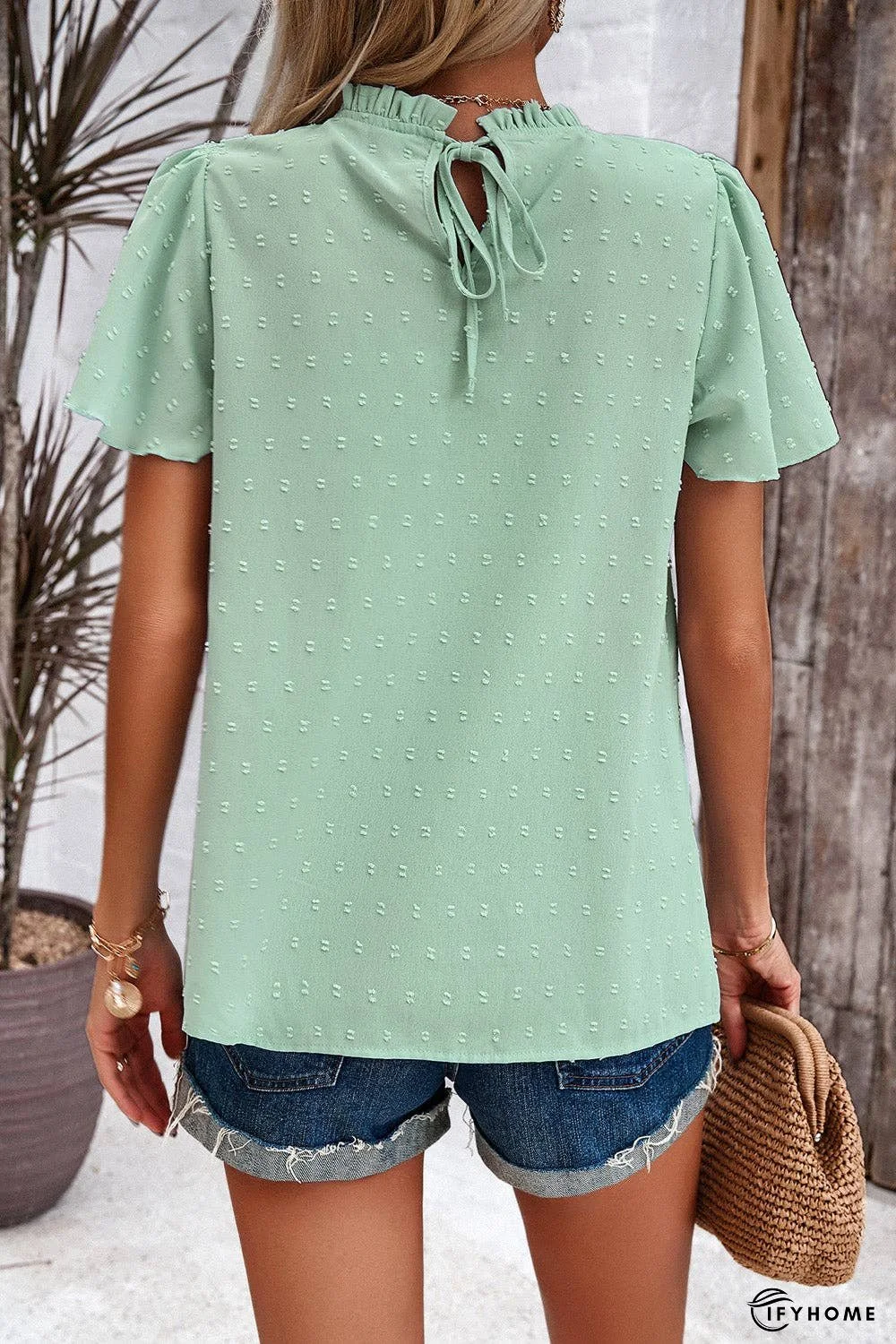 Swiss Dot Smocked Round Neck Short Sleeve Blouse | IFYHOME