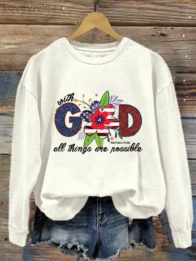Women's With GOD All Things Are Possible USA Flag Print Sweatshirt