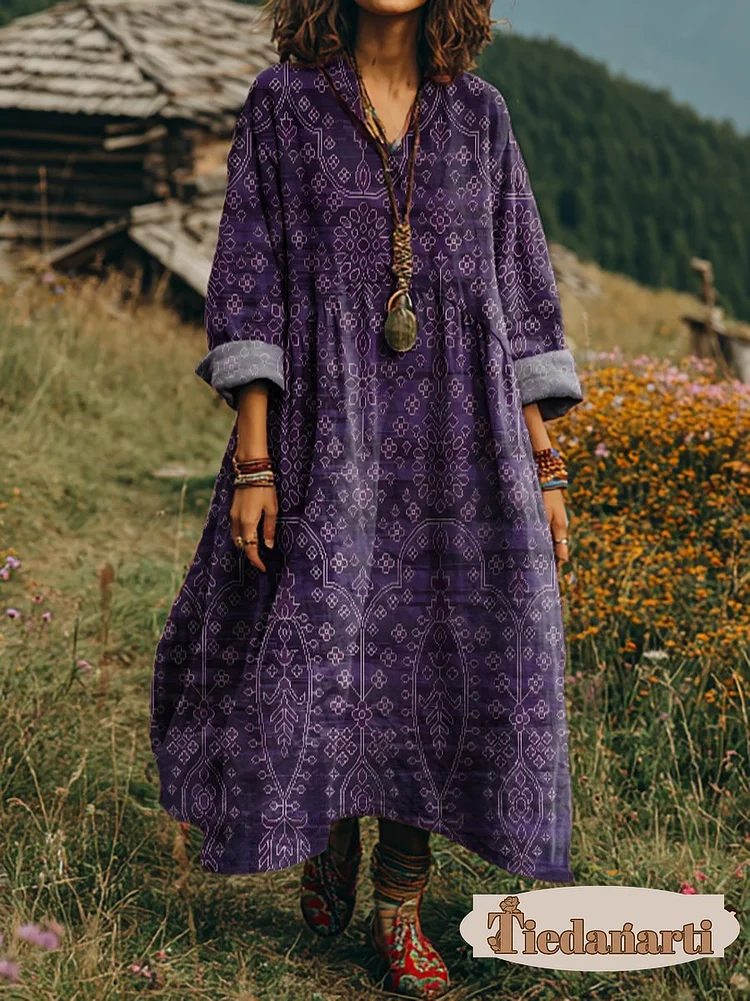 Women's Ethnic Totem Art Print Long Sleeve V-Neck Cotton Pocket Dress