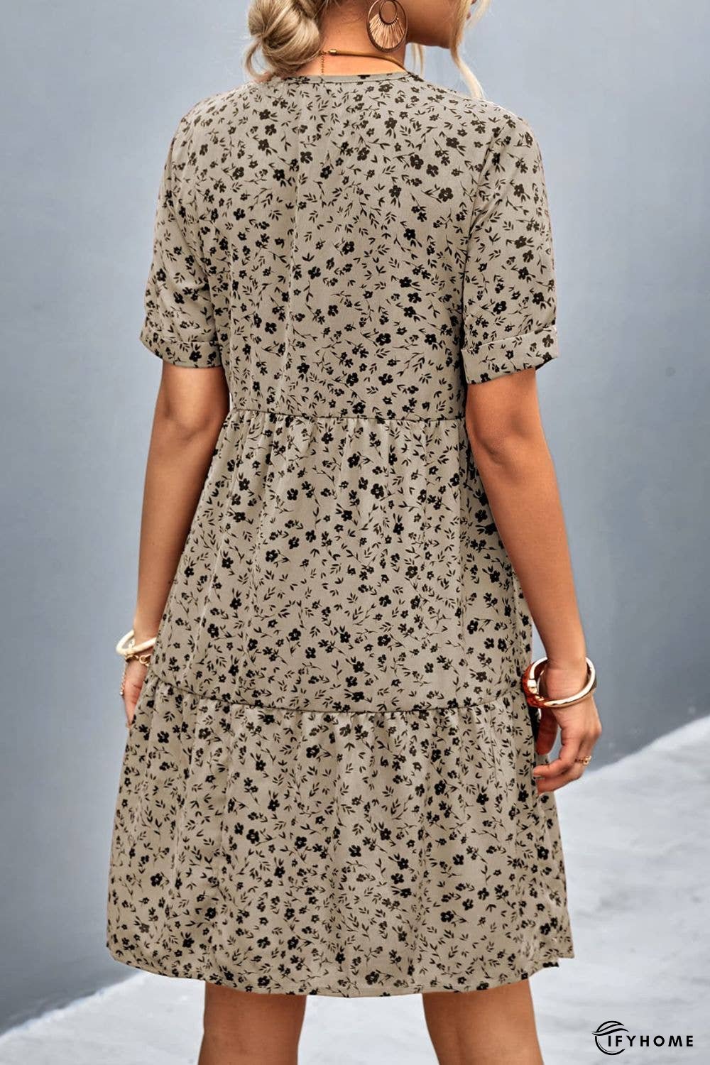 Ditsy Floral Empire Waist Plunge Short Sleeve Dress | IFYHOME