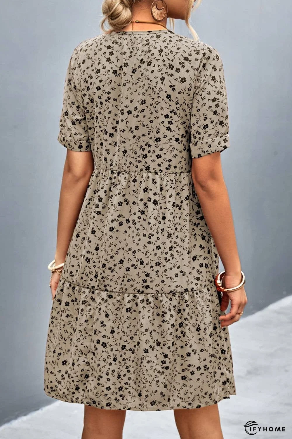 Ditsy Floral Empire Waist Plunge Short Sleeve Dress | IFYHOME