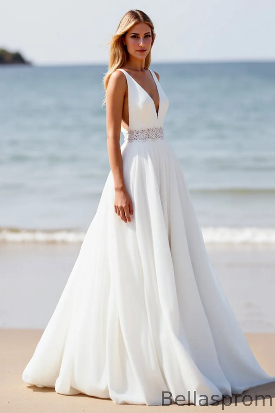 Bellasprom V-Neck Sleeveless A-Line Beach Wedding Dress Long With Side Split
