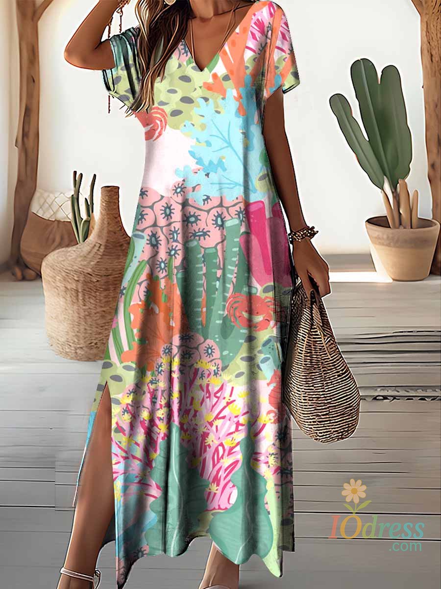 IO Dress Retro Floral Print Dresses For Women's Plus Size V-Neck Female Long Dresses Elegant Short Sleeve Dress Fashion Summer 2024 IO Dress Store