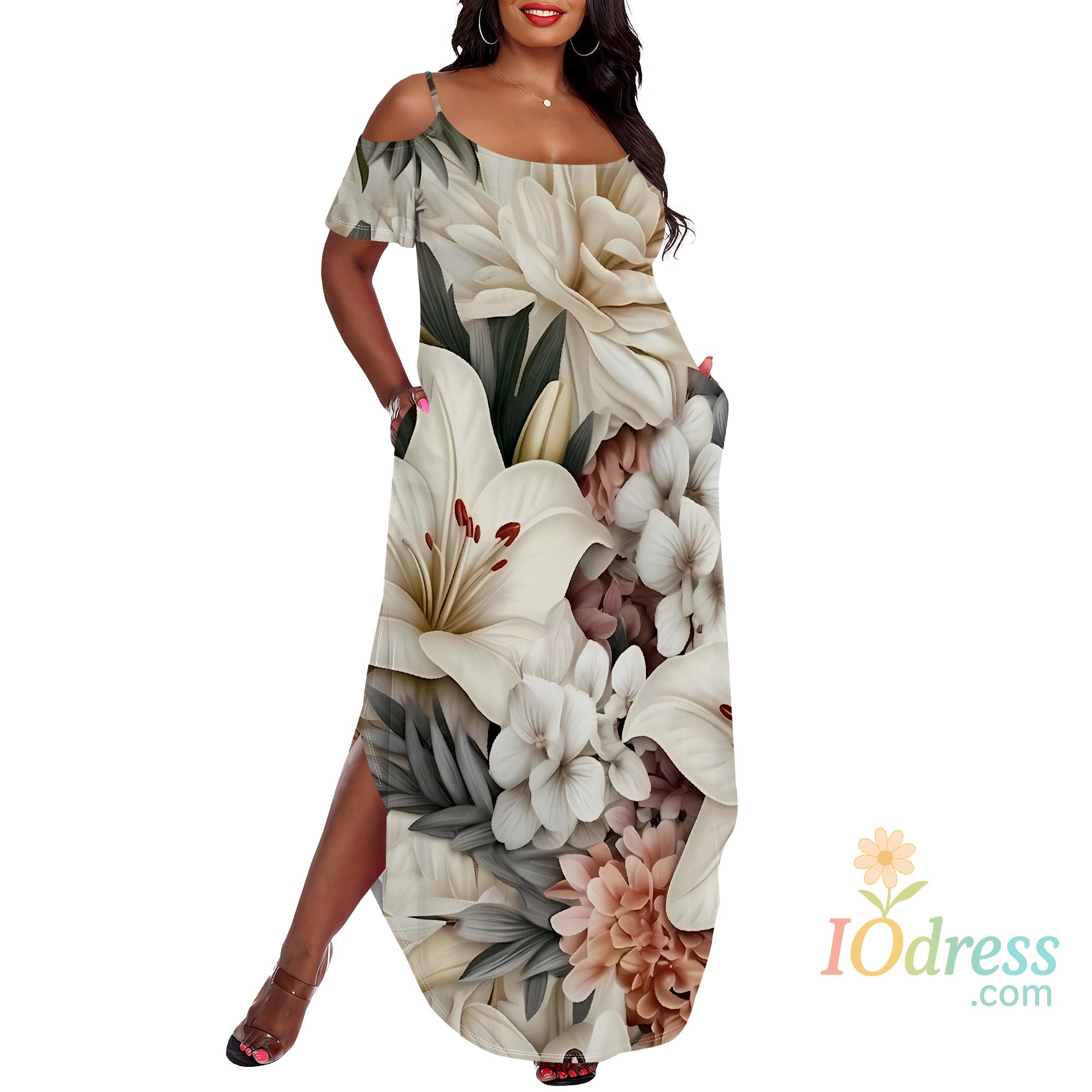 IO Dress Plus Size Floral Print Maxi Dress for Women Summer Spaghetti Strap Off Shoulder Beach Sundress with Side Slit IO Dress