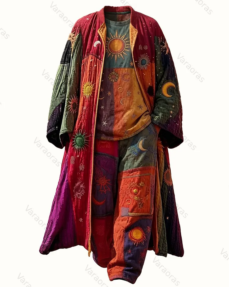 Men's Summer Star and Moon Embroidered Cotton Linen Cape + Top + Pants Three-Piece Set 4419
