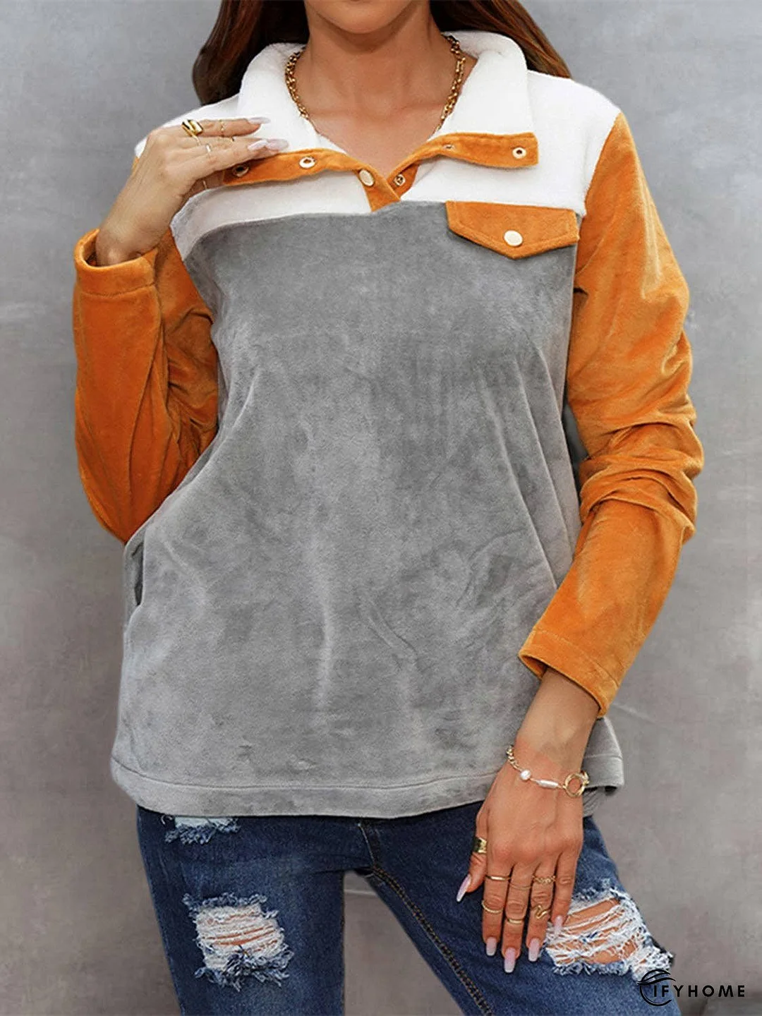 Color Block Collared Sweatshirt with Pockets | IFYHOME