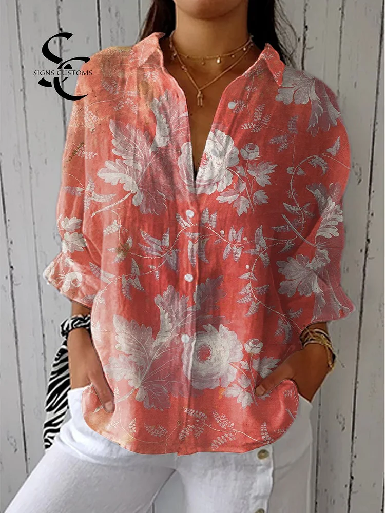 Women's Vintage Flower Art Print Casual Linen V-neck Shirt