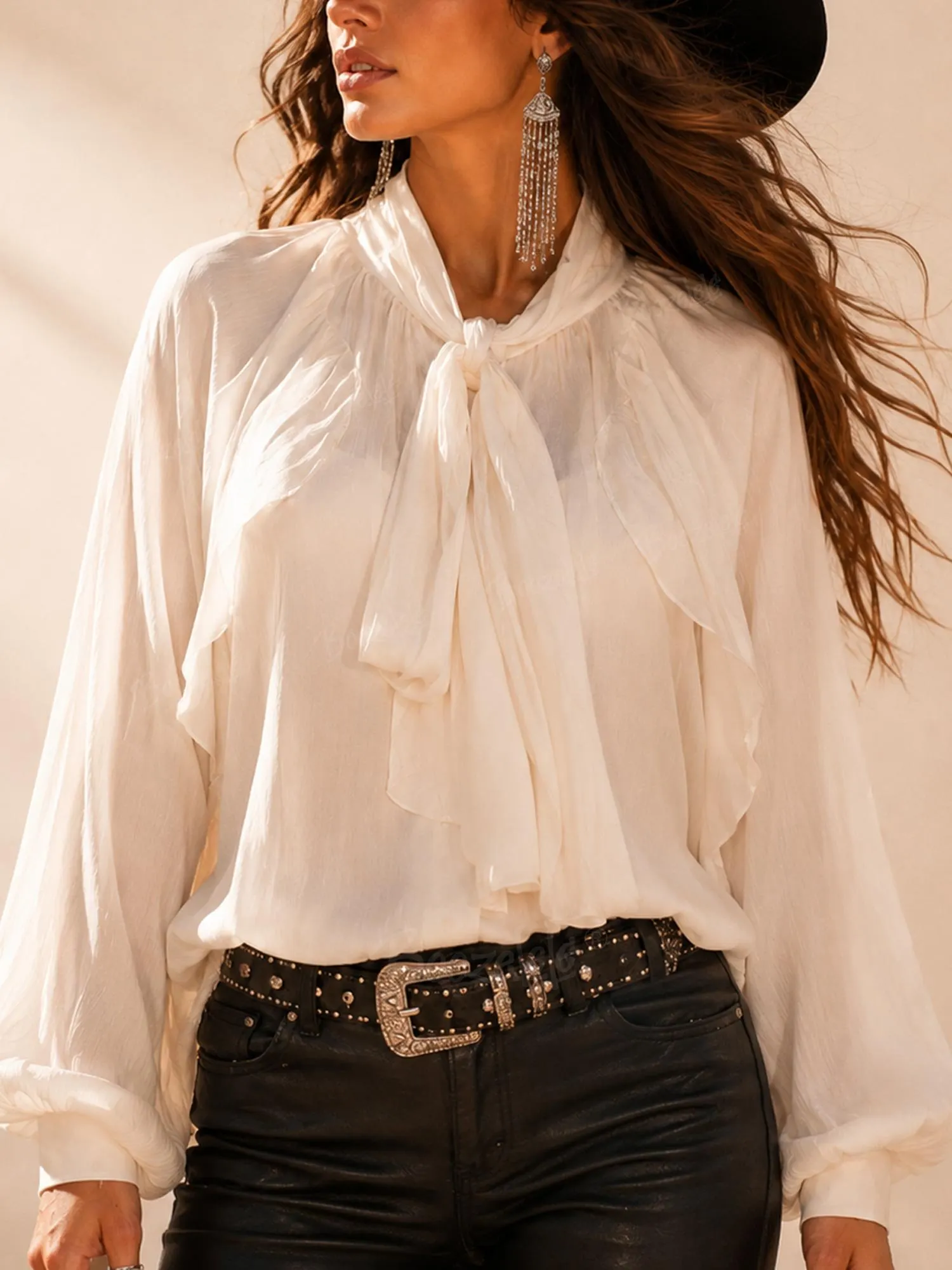 Western Boho Style &mdash; Cream Puff Sleeve Victorian-Inspired Button-Up Shirt (Western Boho Style, Cream, Puff Sleeve Victorian-Inspired, Cotton Blend, Button-Up Shirt)