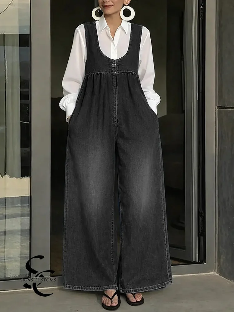 Women's U-neck Simple Sleeveless Casual Loose Denim Wide-leg Jumpsuit