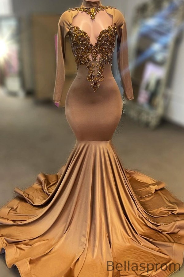 Bellasprom Brown Long Sleeves Prom Dress Mermaid High Neck With Beads Bellasprom