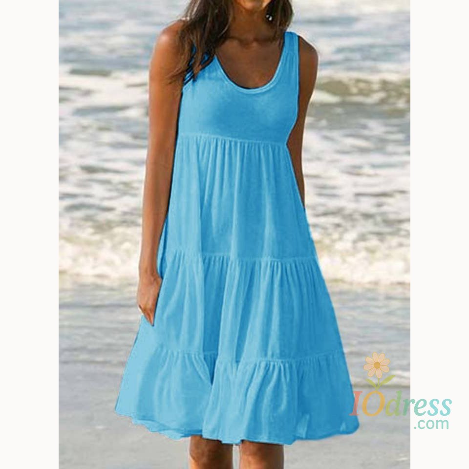 IO Dress Women Causual O Neck Sleeveless Ruffles Mini Dress Boho Solid Beach Sundress Oversized Loose Dress 2023 Summer IO Dress