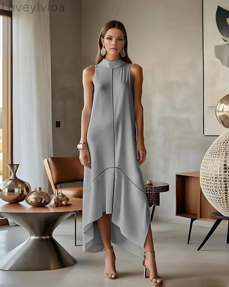 High Neck Maxi A-Line Formal Dress with Mesh Panel