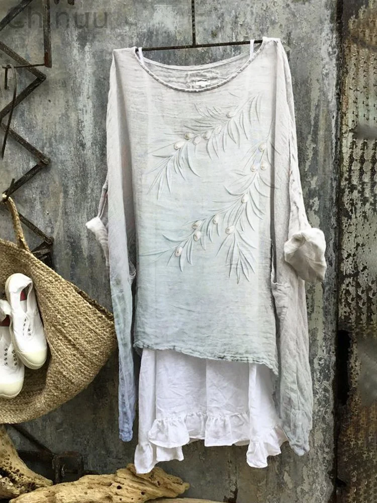 Leaf Embossed Art Print Linen Blend Tunic