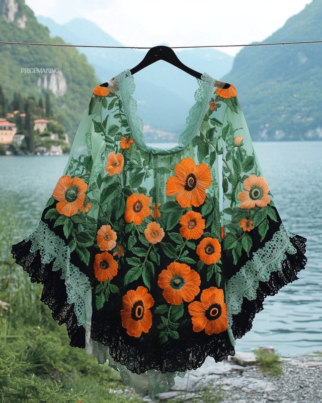 Summer Vacation Lace Chiffon Contrast Top d73d