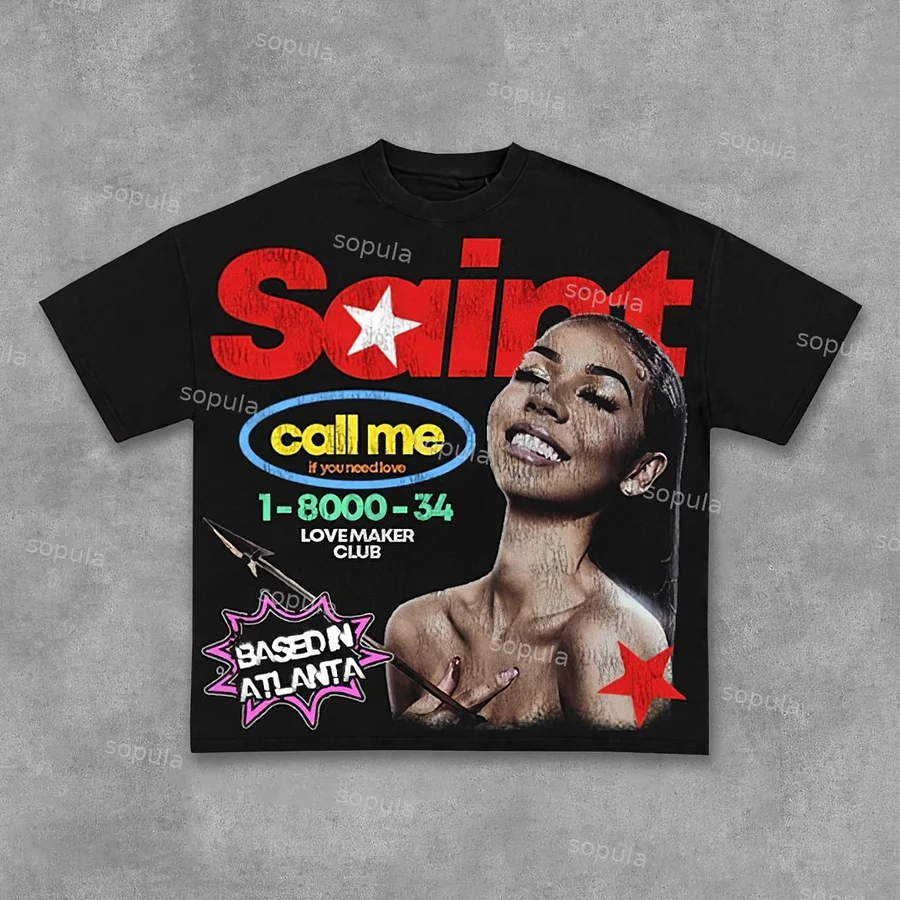 Sopula Vintage Saint Call Me If You Need Love Graphic Short T-Shirt
