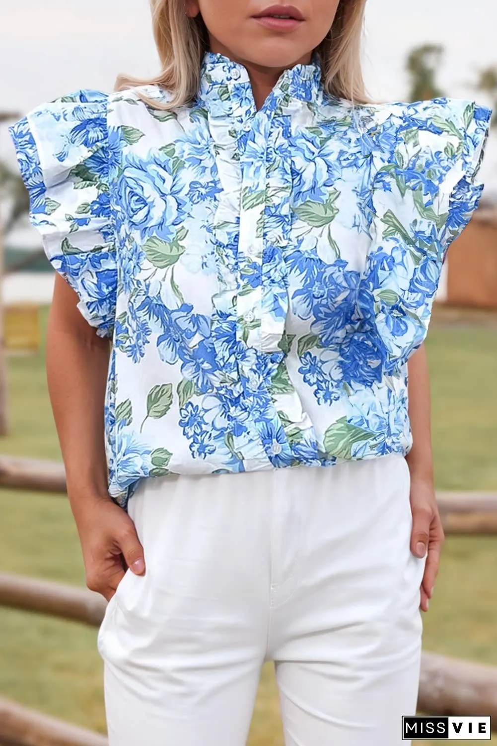 Fashion-W Floral Print Ruffle Sleeve Frilly Button Up Shirt