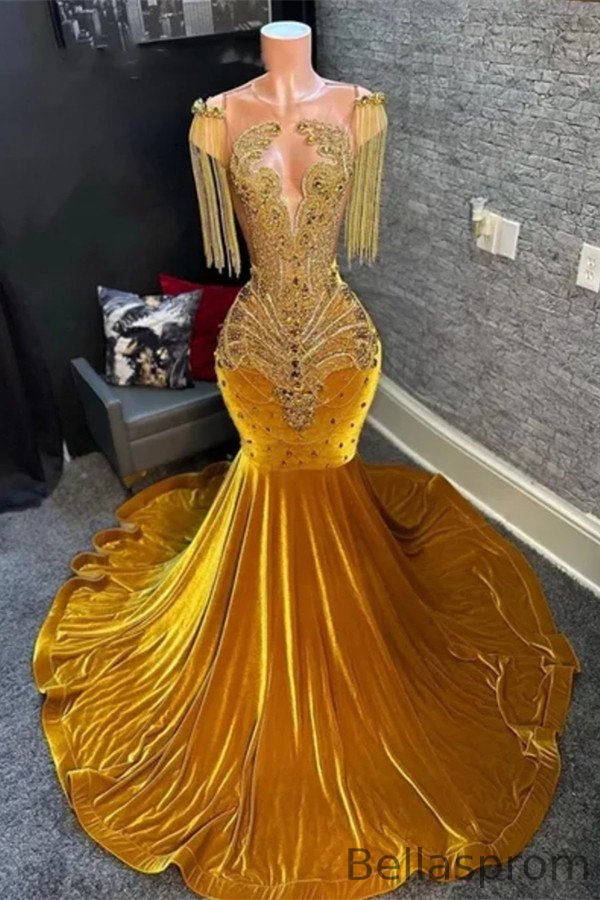 Bellasprom Gold Mermaid Velvet Prom Dresses Long With Beadings Tassels Bellasprom