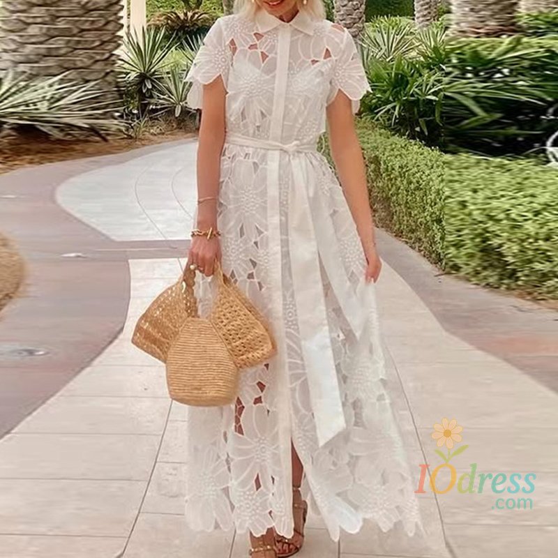 IO Dress Summer Women's Lapel Tie Up Lace Dress Sexy Hollow Short Sleeved Single Breasted Long Dress Casual Solid Color Holiday Dresses