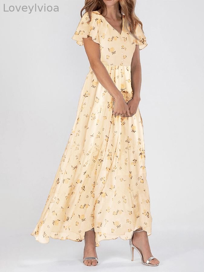 Women's V Neck Short Sleeve Chiffon Floral Dress