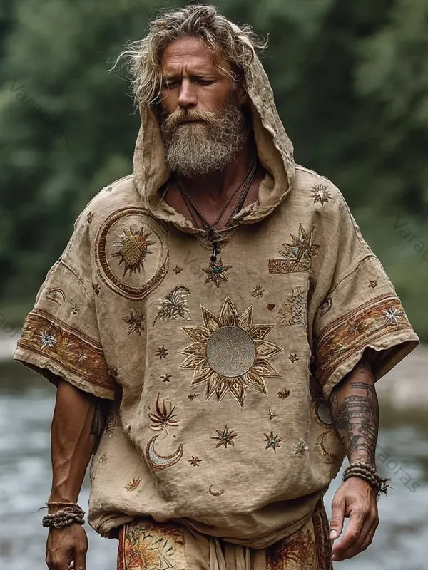 Men's Boho Hippie Art Sun And Moon Printed Casual Hooded T-Shirt dc00